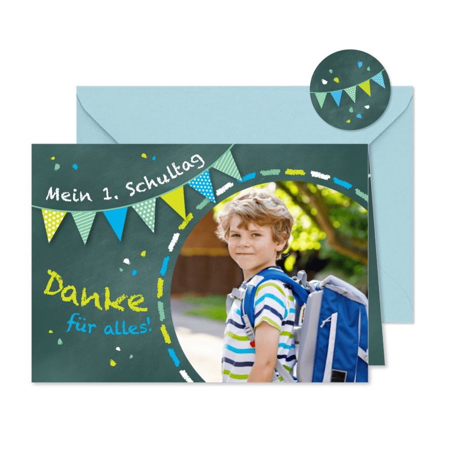 Dankeskarte Einschulung Schultafel grünblau und Foto - Kartenvorschau
