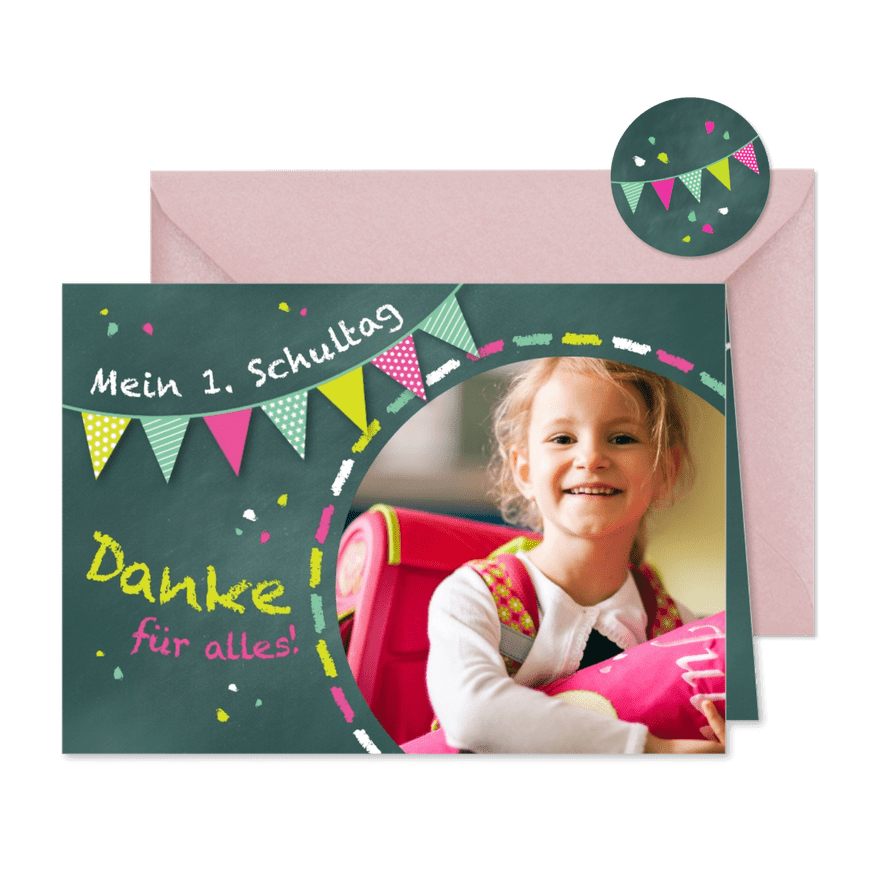 Dankeskarte Einschulung Schultafel grünrosa und Foto - Kartenvorschau