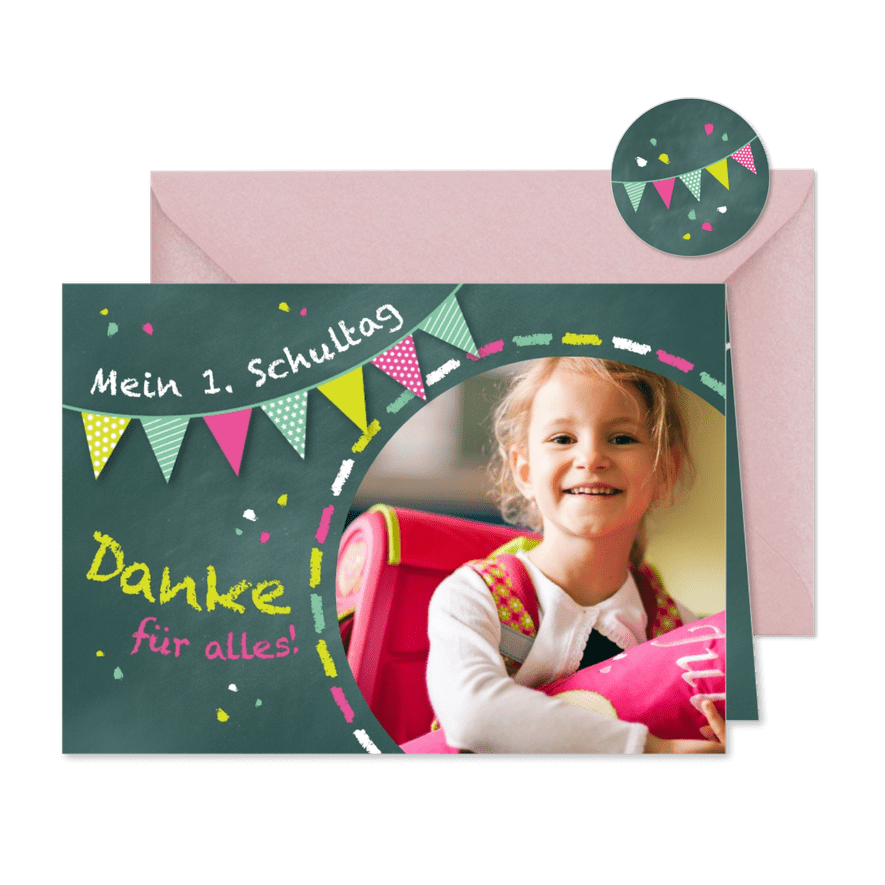 Dankeskarte Einschulung Schultafel grünrosa und Foto - Karteneindruck