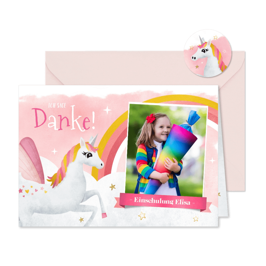 Dankeskarte Einschulungsfeier Foto & Einhorn - Karteneindruck