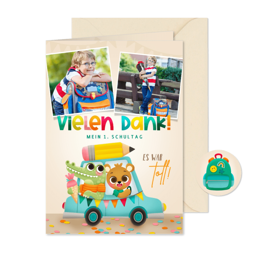 Dankeskarte Einschulungsfeier Tiere im Auto - Karteneindruck
