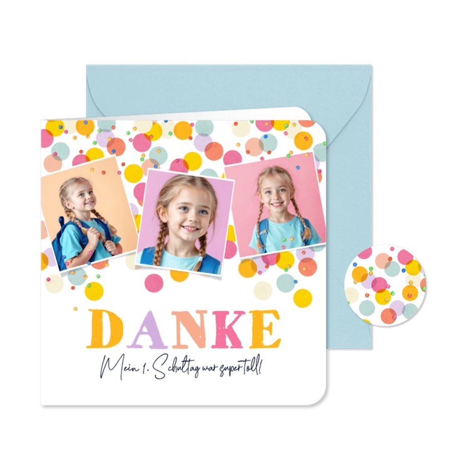 Dankeskarte Einschulungstag Fotos & bunte Konfetti - Karteneindruck