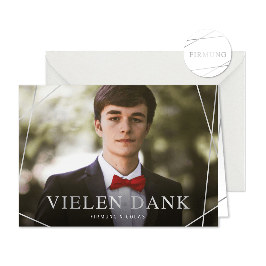 Dankeskarte Firmung Foto mit grafischen Silberlinien - Karteneindruck