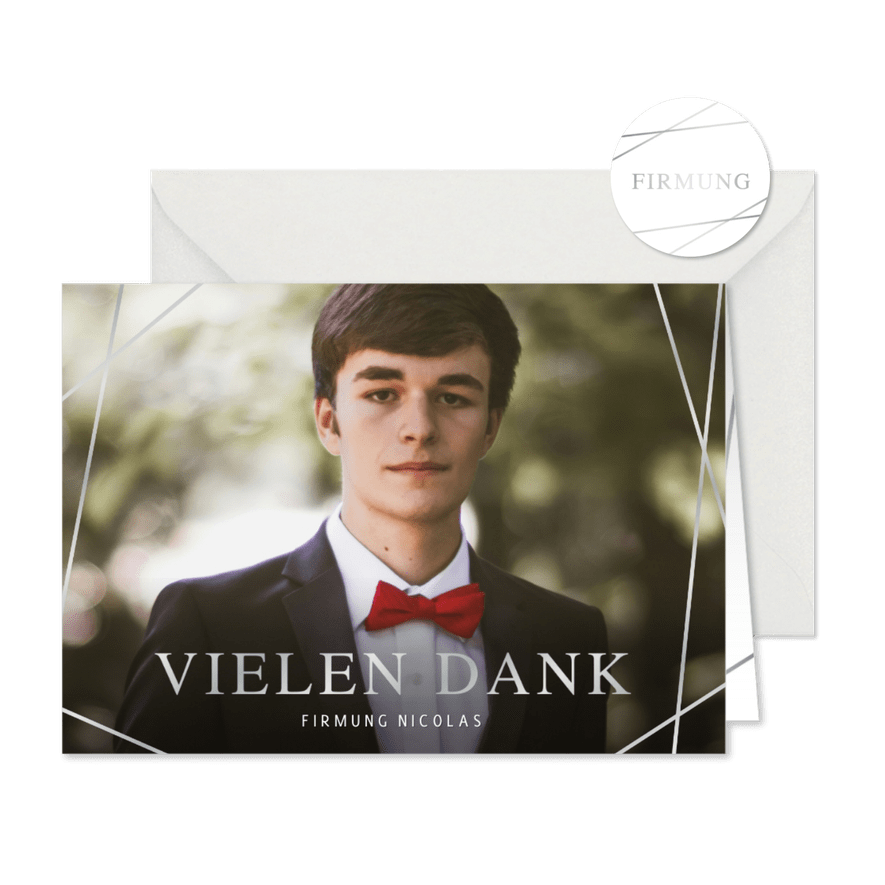 Dankeskarte Firmung Foto mit grafischen Silberlinien - Karteneindruck