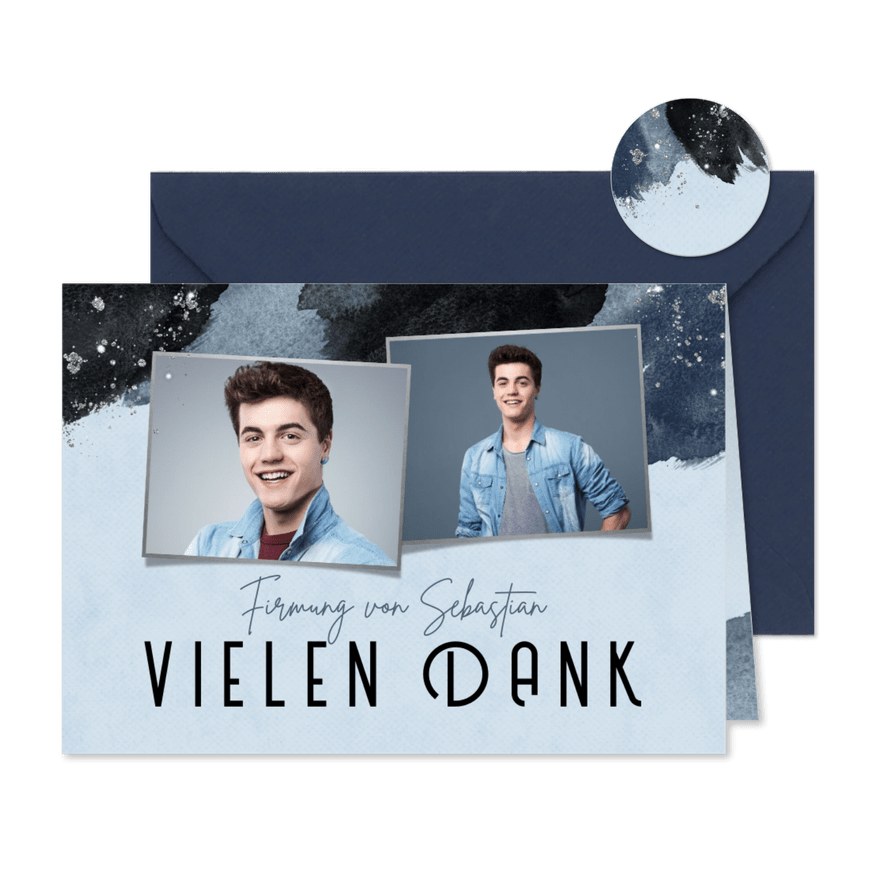 Dankeskarte Firmung Fotocollage blaue Pinselstriche - Karteneindruck
