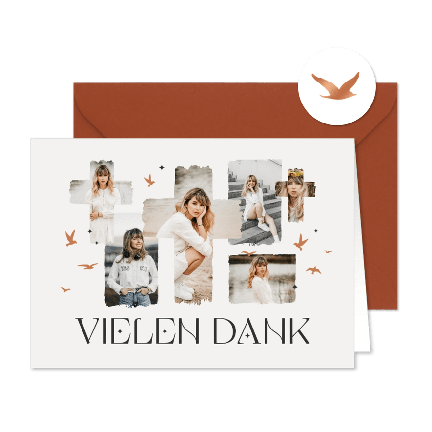 Dankeskarte Firmung Fotocollage, Kreuz und Vögel - Karteneindruck
