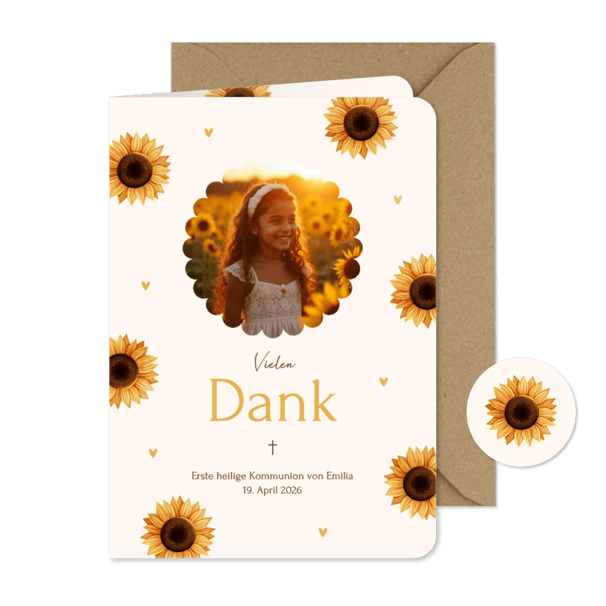 Dankeskarte Foto Sonnenblumen Herzchen Beige - Kartenvorschau
