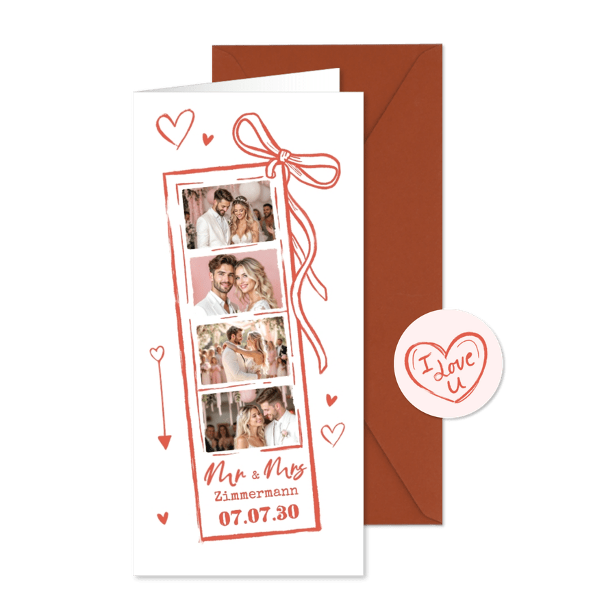 Dankeskarte Fotocollage Hochzeit Doodles Fotostrip - Kartenvorschau
