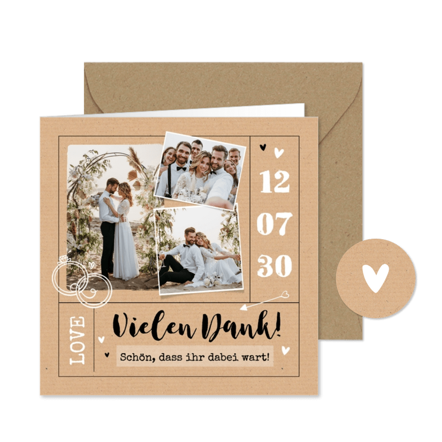 Dankeskarte Fotocollage Hochzeit Kraftpapier - Karteneindruck