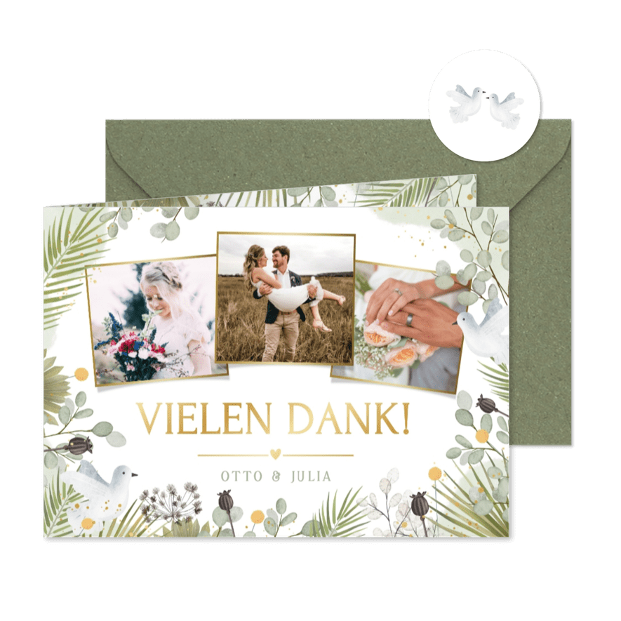 Dankeskarte Fotocollage Hochzeitstauben grüne Zweige - Karteneindruck
