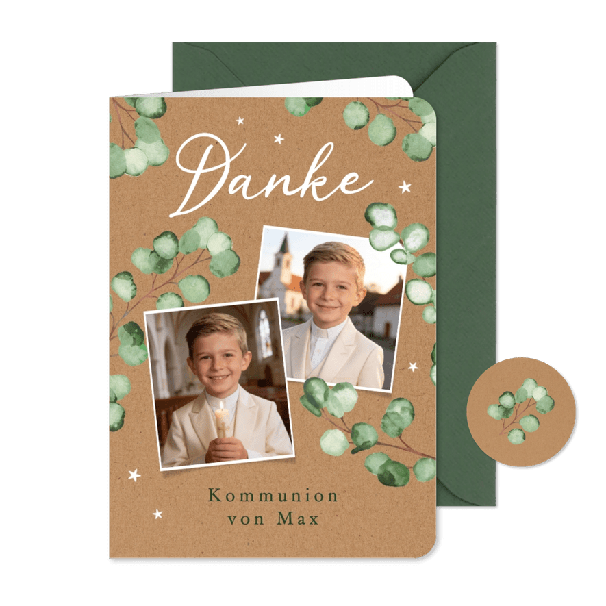 Dankeskarte Fotocollage Kommunion Eukalyptus auf Kraft - Karteneindruck
