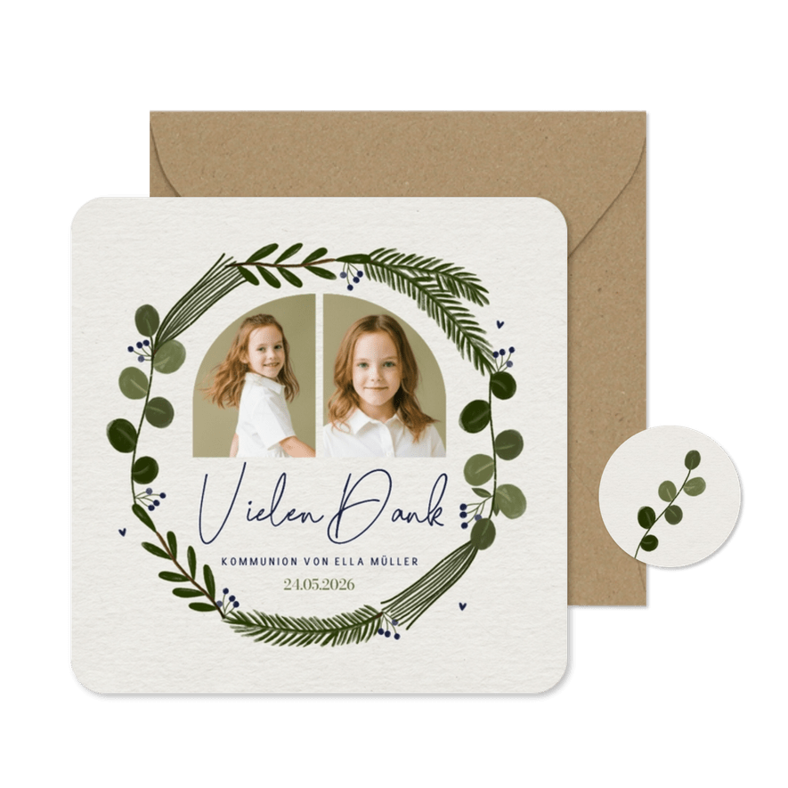 Dankeskarte Fotocollage Kommunion Papierstruktur Kranz - Karteneindruck
