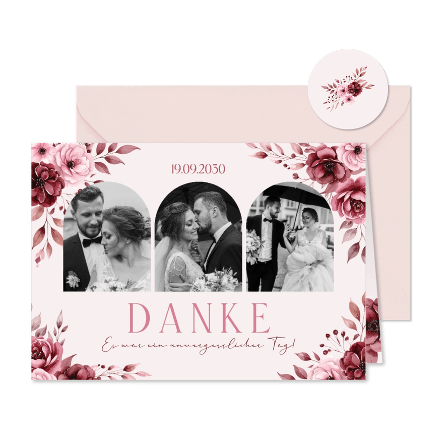 Dankeskarte Fotocollage Rosengesteck Hochzeit in Rosa - Karteneindruck