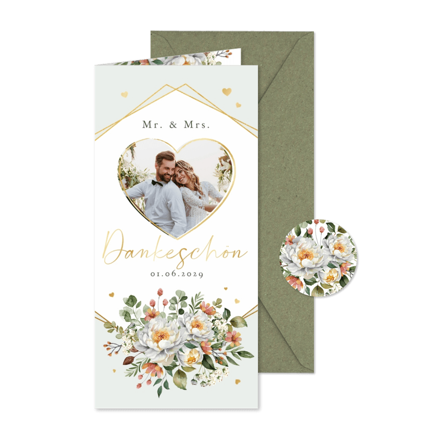 Dankeskarte Fotoherz & Blumenbukett - Karteneindruck
