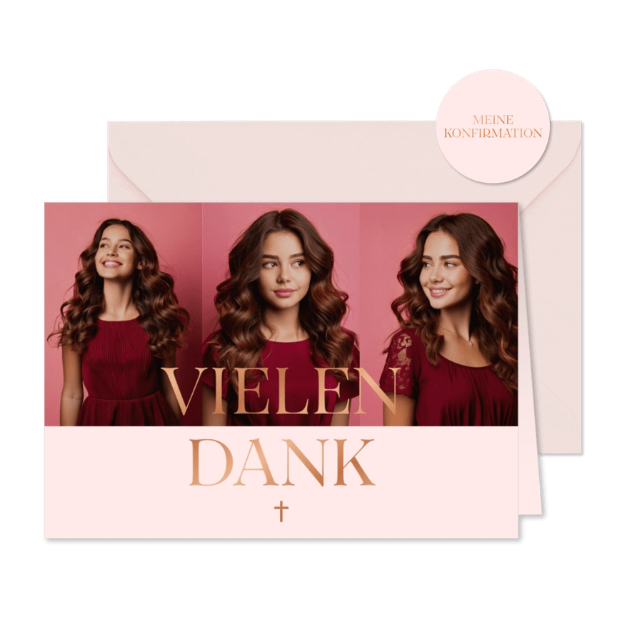 Dankeskarte Fotoserie Konfirmation Rosa Kupfer - Kartenvorschau
