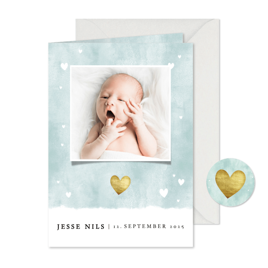 Dankeskarte Geburt blau Fotos Aquarell mit Herzchen - Karteneindruck