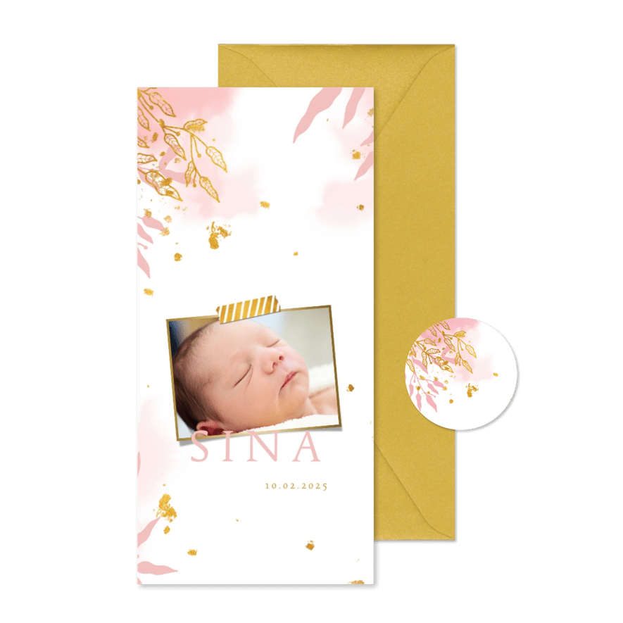 Dankeskarte Geburt botanisch Foto rosa Aquarell - Karteneindruck