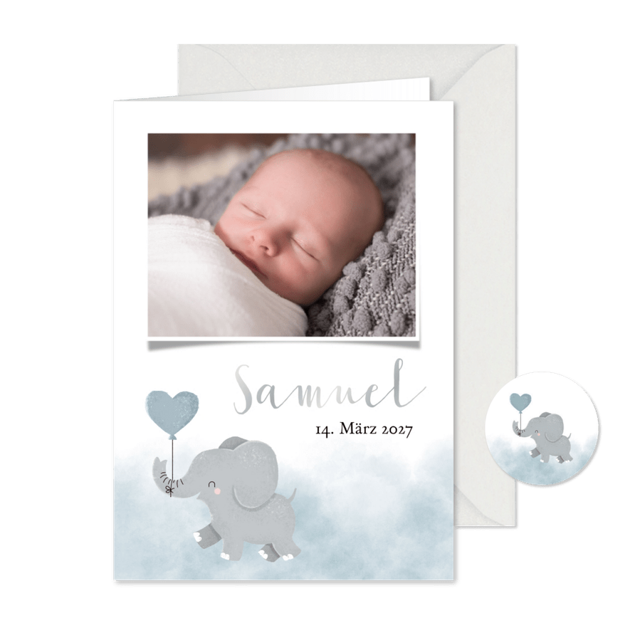Dankeskarte Geburt Foto und Elefant blauer Luftballon - Karteneindruck
