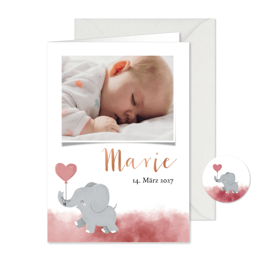 Dankeskarte Geburt Foto und Elefant rosa Luftballon - Karteneindruck