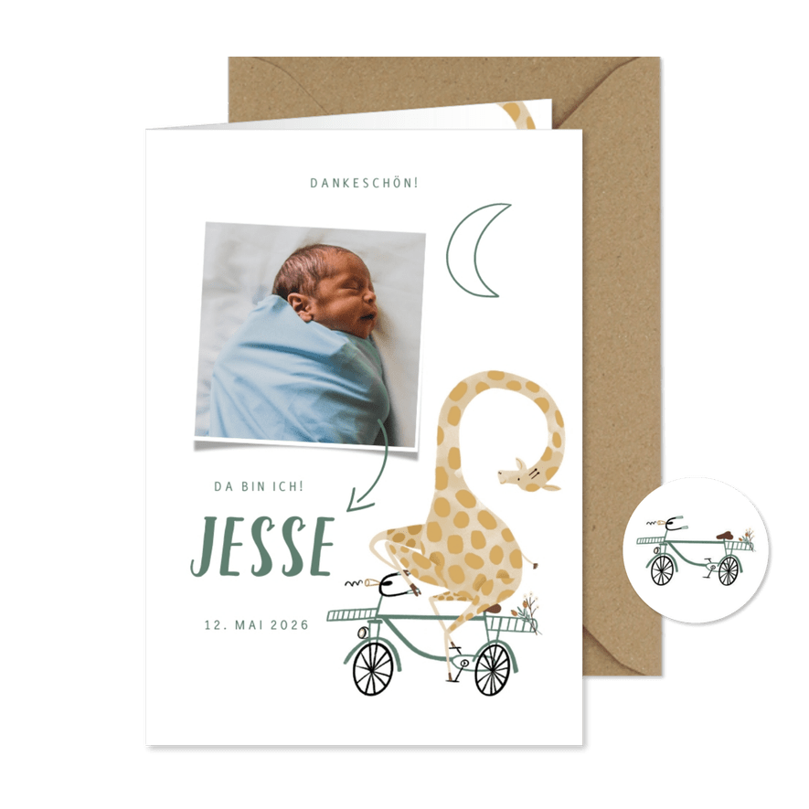 Dankeskarte Geburt Foto & Giraffe auf Fahrrad - Karteneindruck
