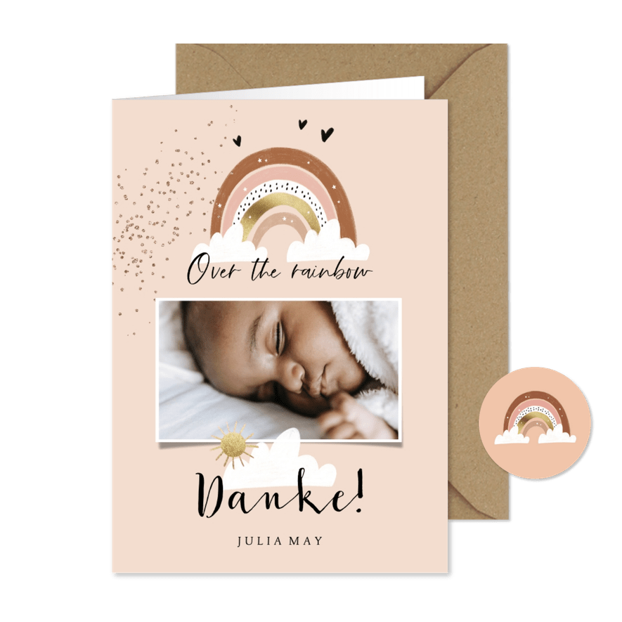 Dankeskarte Geburt Foto und Regenbogen - Karteneindruck