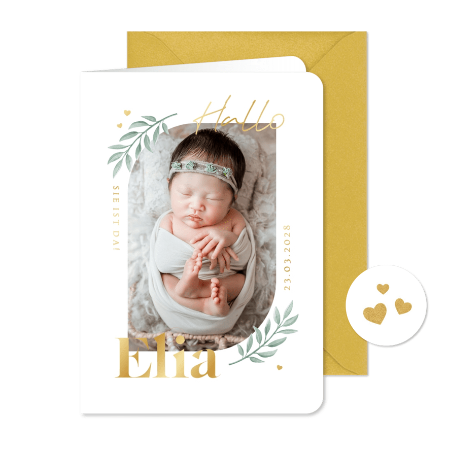 Dankeskarte Geburt Foto, Zweige & Gold - Karteneindruck
