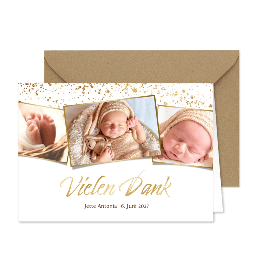 Dankeskarte Geburt Fotocollage Goldlook - Kartenvorschau
