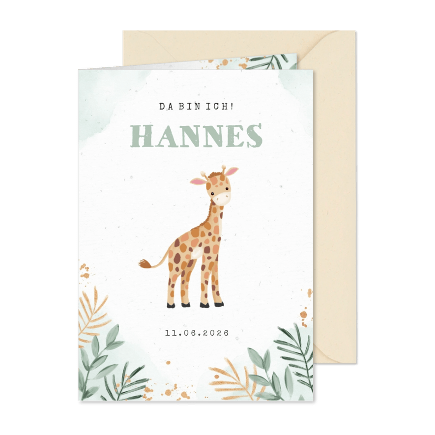 Dankeskarte Geburt Giraffe Wasserfarbe grün Foto innen - Karteneindruck
