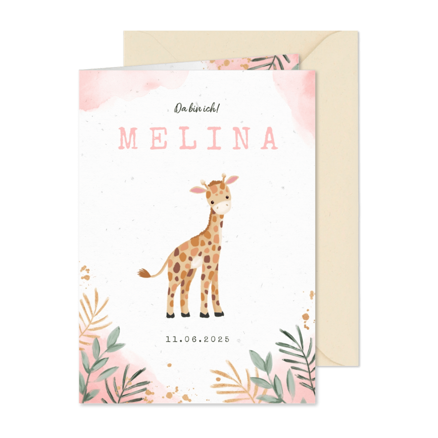 Dankeskarte Geburt Giraffe Wasserfarbe rosa Foto innen - Karteneindruck