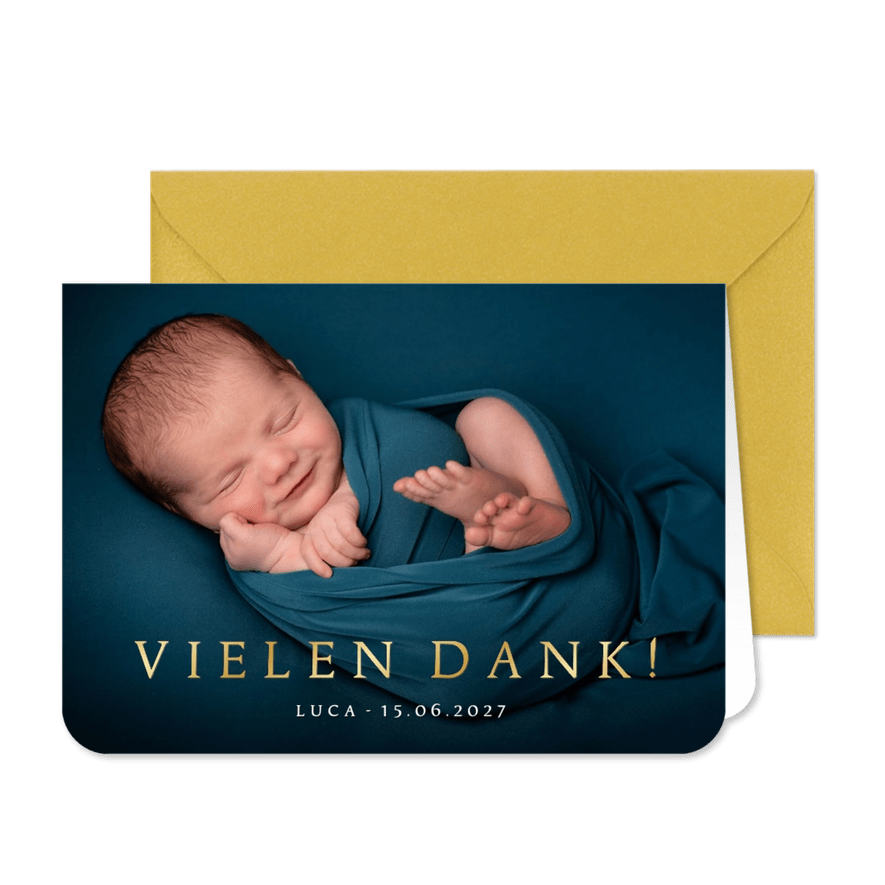 Dankeskarte Geburt großes Foto Goldlook - Karteneindruck