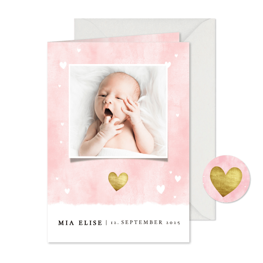 Dankeskarte Geburt rosa Fotos Aquarell mit Herzchen - Karteneindruck