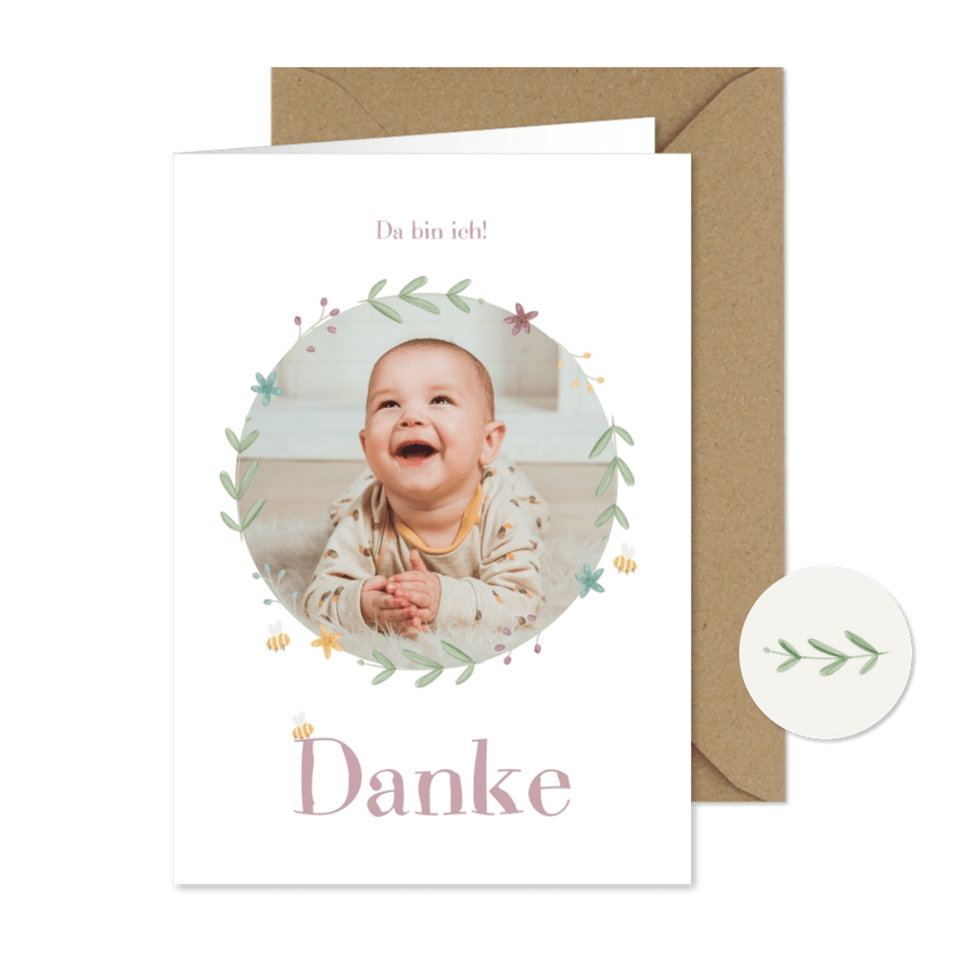 Dankeskarte Geburt rundes Foto Blumen & Bienen - Karteneindruck
