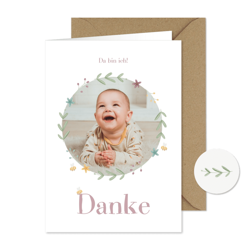Dankeskarte Geburt rundes Foto Blumen & Bienen - Karteneindruck