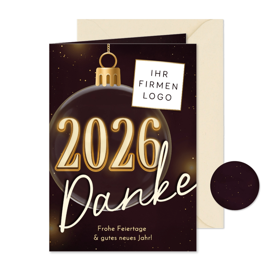 Dankeskarte geschäftlich Weihnachtskugel Logo 2026 - Karteneindruck
