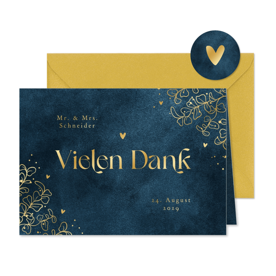 Dankeskarte Goldblätter & Herzen - Karteneindruck