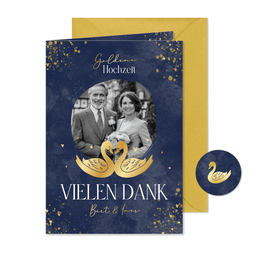 Dankeskarte Goldene Hochzeit goldene Schwäne - Karteneindruck
