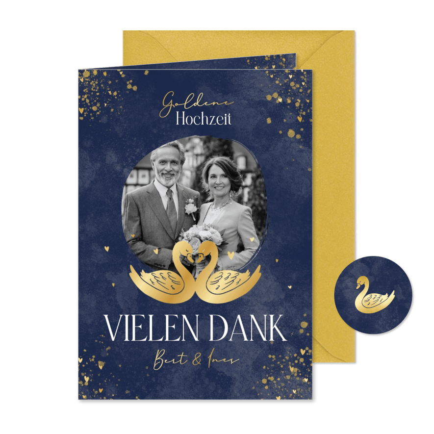Dankeskarte Goldene Hochzeit goldene Schwäne - Karteneindruck