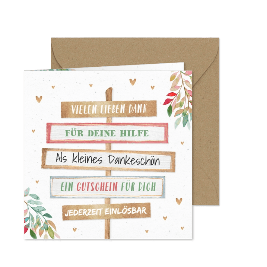Dankeskarte Gutschein Wegweiser und Zweige - Karteneindruck