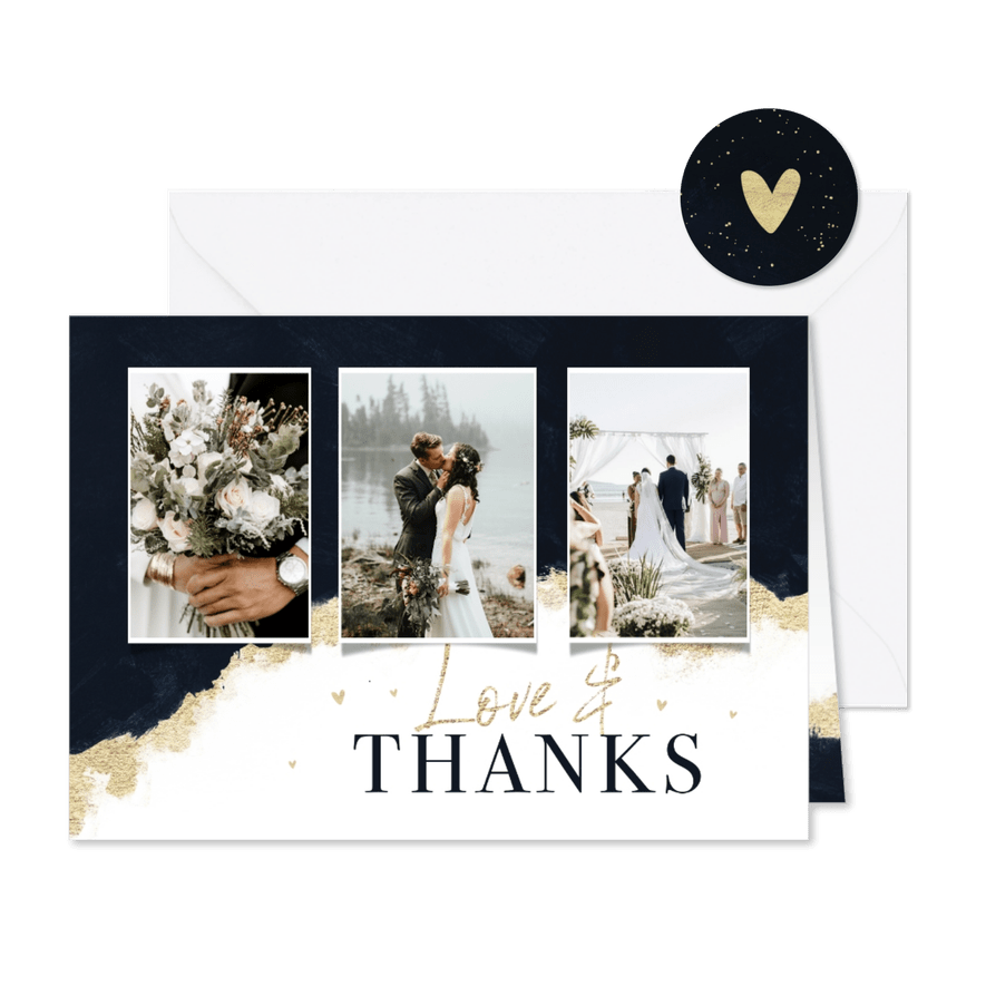 Dankeskarte Hochzeit Bilderreihe Aquarell schwarz-gold - Karteneindruck