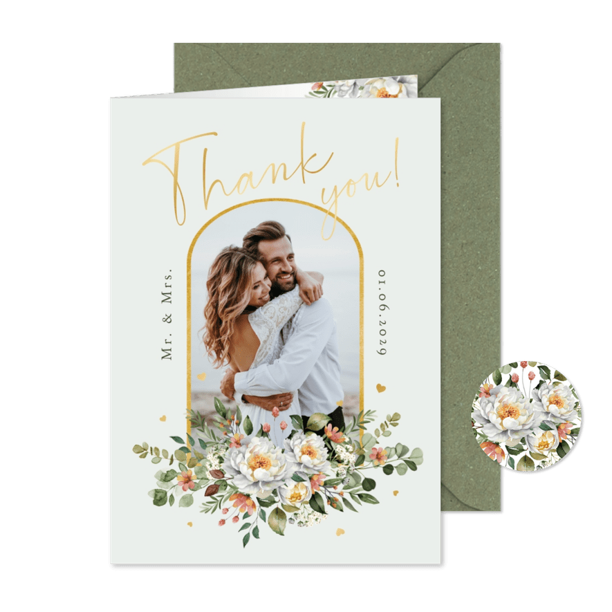 Dankeskarte Hochzeit Blumenbukett & Foto - Karteneindruck