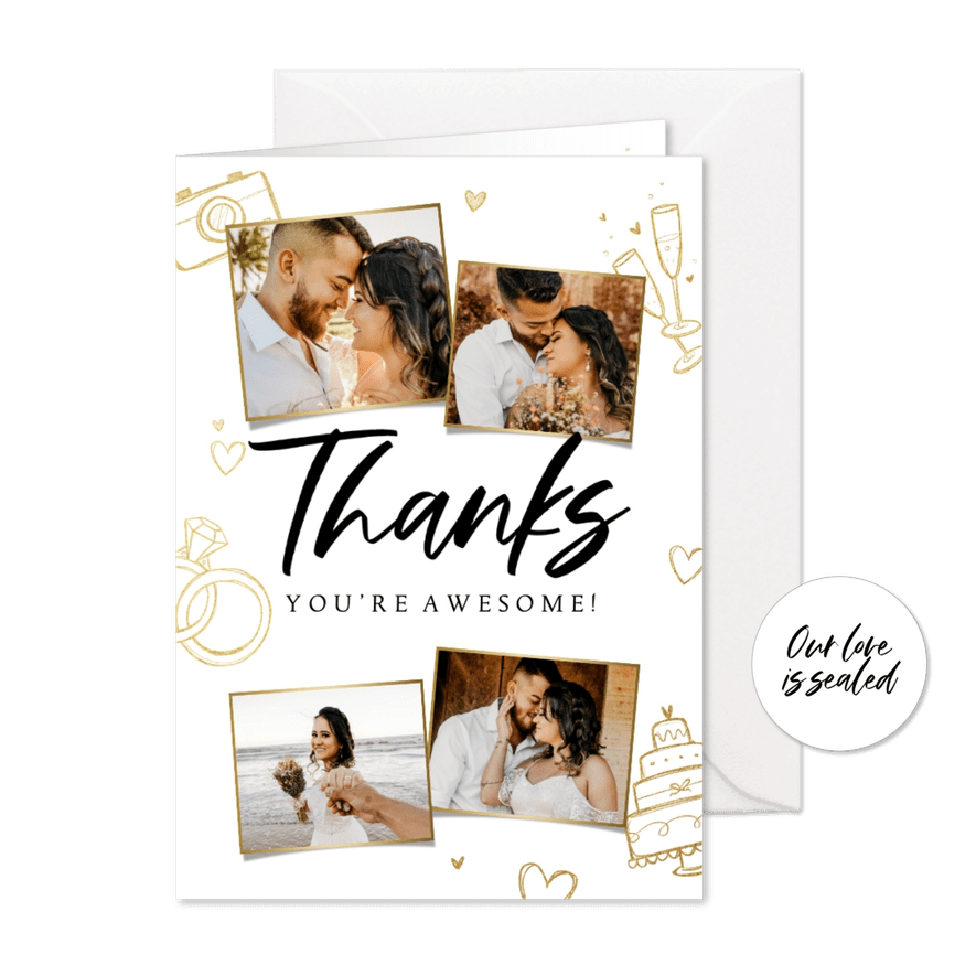 Dankeskarte Hochzeit Doodles & Fotocollage 'Thanks' - Karteneindruck
