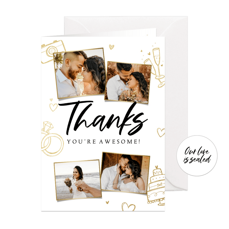 Dankeskarte Hochzeit Doodles & Fotocollage 'Thanks' - Karteneindruck
