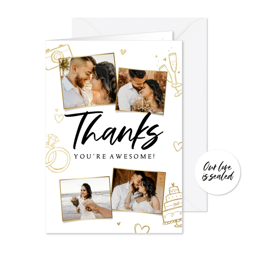Dankeskarte Hochzeit Doodles & Fotocollage 'Thanks' - Kartenvorschau