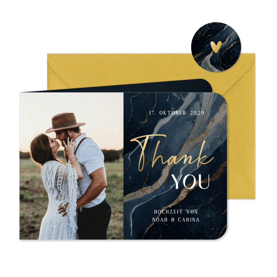 Dankeskarte Hochzeit dunkler Marmor 'Thank you' - Karteneindruck