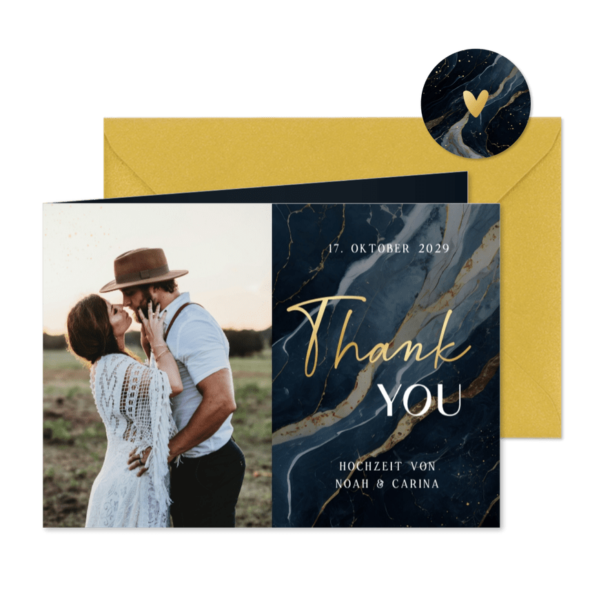 Dankeskarte Hochzeit dunkler Marmor 'Thank you' - Karteneindruck