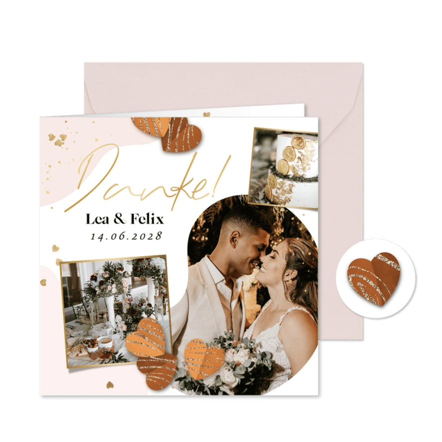 Dankeskarte Hochzeit eigene Fotos Herzchen Goldstreifen - Karteneindruck
