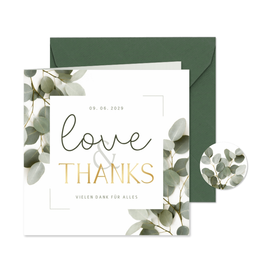 Dankeskarte Hochzeit Eukalyptus & Goldlook - Karteneindruck
