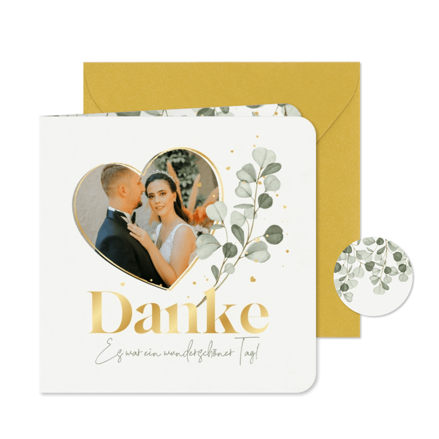 Dankeskarte Hochzeit Eukalyptuszweige, Foto & Gold - Karteneindruck
