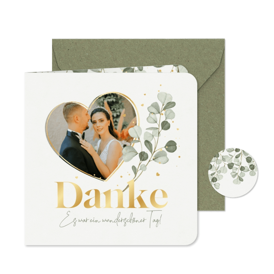 Dankeskarte Hochzeit Eukalyptuszweige, Foto & Gold - Karteneindruck

