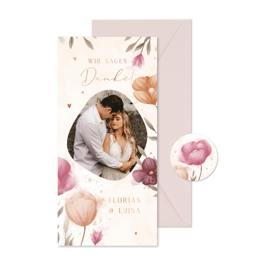 Dankeskarte Hochzeit Foto elegante Blumen Aquarell - Kartenvorschau
